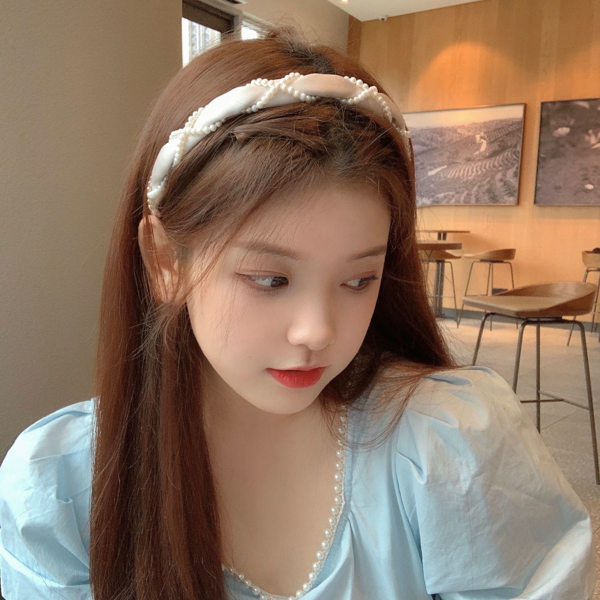 汀白韩版珍珠发箍森系飘带发卡甜美气质卡子百搭外出头箍发饰女 米色