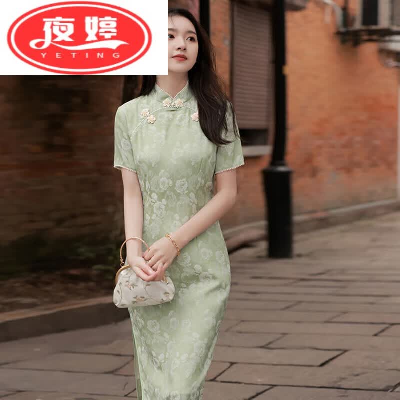 夜婷 小清新年轻款复古中国风改良连衣裙夏甜美少女绿色旗袍2022年