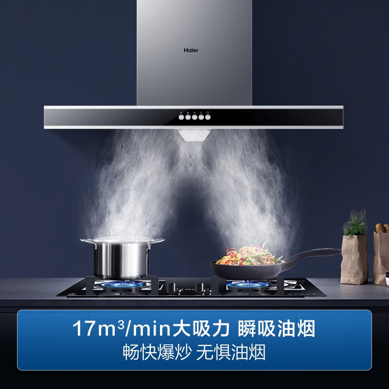 海尔（Haier）抽油烟机 17立方大吸力 欧式油烟机 一级能效 黑晶钢化玻璃面板 家用吸油烟机 CXW-200-E900T2S