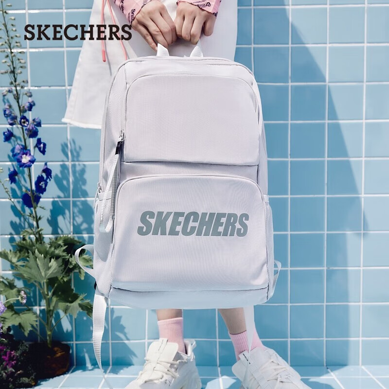 斯凯奇（Skechers）双肩包男女红色书包时尚大容量休闲运动旅行背包 月球灰/00MV