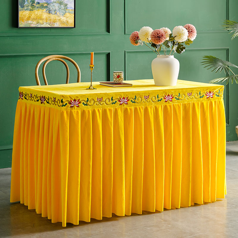 桌布加厚金丝绒莲花刺绣寺庙八仙桌佛案桌布佛台佛堂供桌黄色桌裙桌套