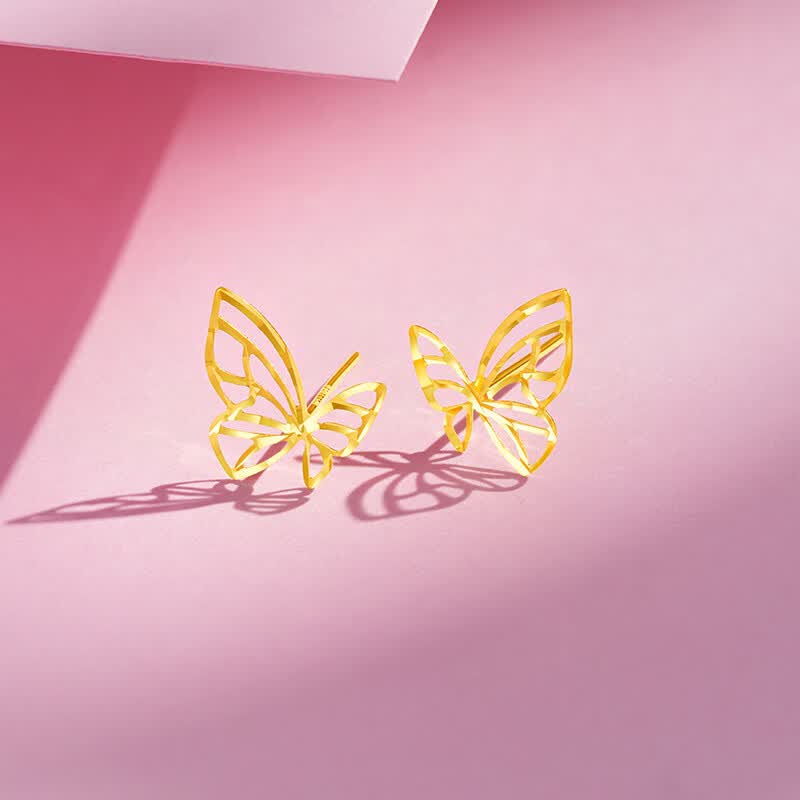 quamer梦金园蝴蝶耳钉女生18k金黄金色耳饰彩金耳圈耳环轻奢送女友