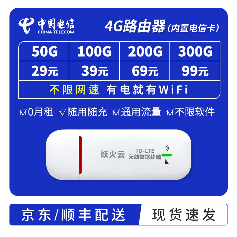 中国电信 电信纯流量卡上网卡1200G全国不限速通用流量包年卡纯上网 【4G路由】内置电信卡（0月租随用随充）