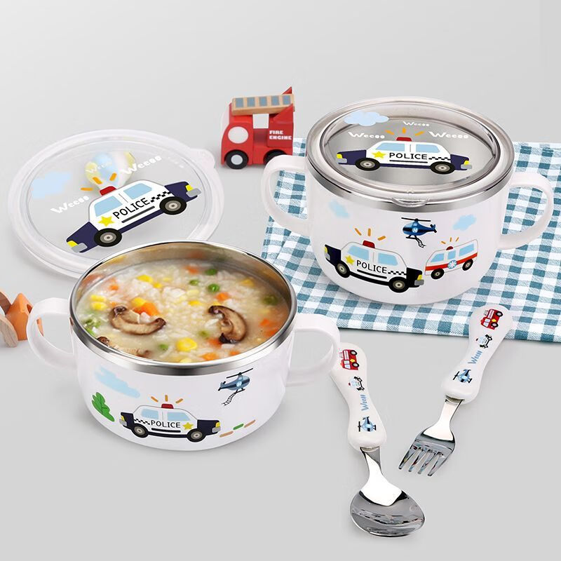 致仕（ZISIZ）儿童碗316不锈钢食品级小学生专用饭碗带盖防摔双耳汤碗带手柄304 【316】小汽车碗-450ml