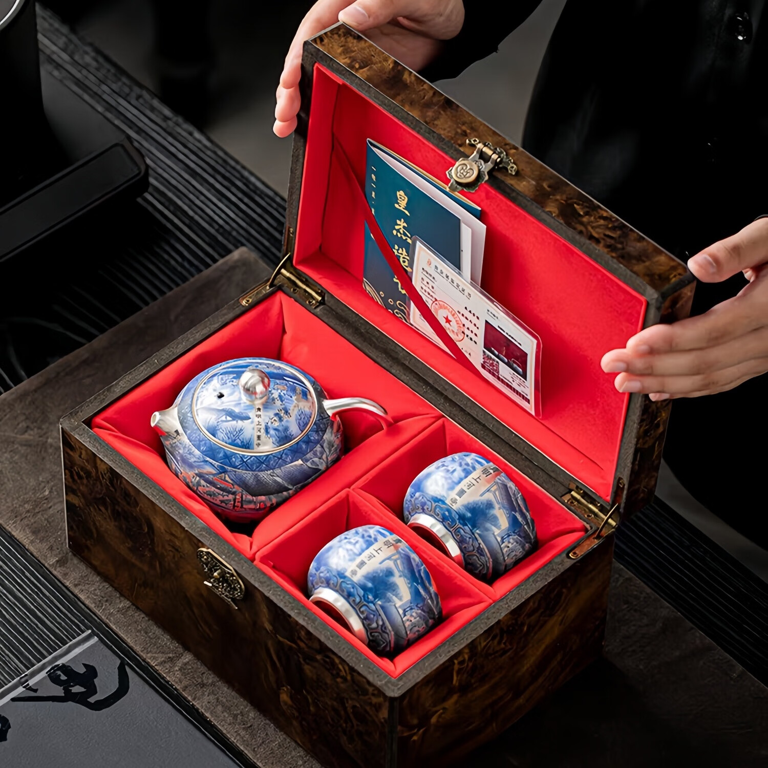 银壶999敦煌泡茶壶套装鎏银功夫茶具整套茶壶茶杯高档礼品伴手礼 清明上河图鎏银一壶两杯礼盒装