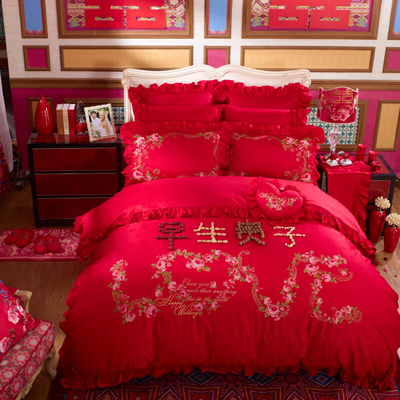 富安娜阳光纯棉提花绣花婚庆套件八件套艺术床品送新人结婚用套件 床单八件\甜蜜假期 1.5m床