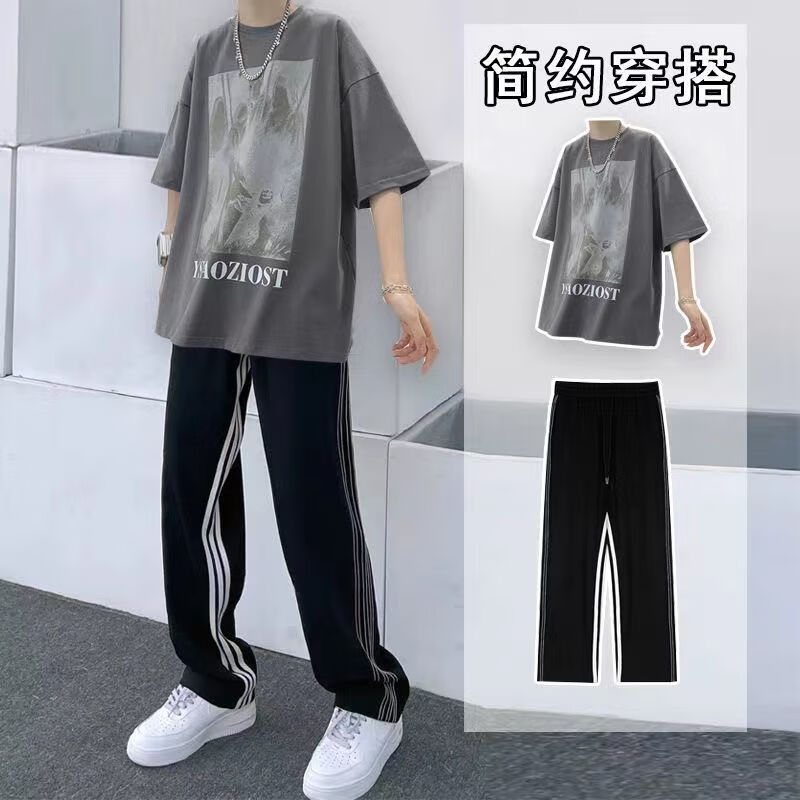舒晋夏季短袖t恤休闲裤男装一套搭配暗黑系潮流套装休闲帅男生套装