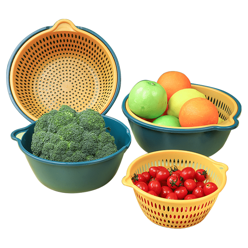 【6件套】洗菜篮沥水篮塑料双层洗菜盆子大号厨房滤水篮洗水果盘菜篮子加厚多功能水槽漏水盆淘米篮漏盆 六件套-蓝黄