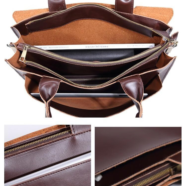 伊森男士电脑包手提包韩版单肩斜挎包商务复古公文包休闲男包 咖啡 中包 13英寸