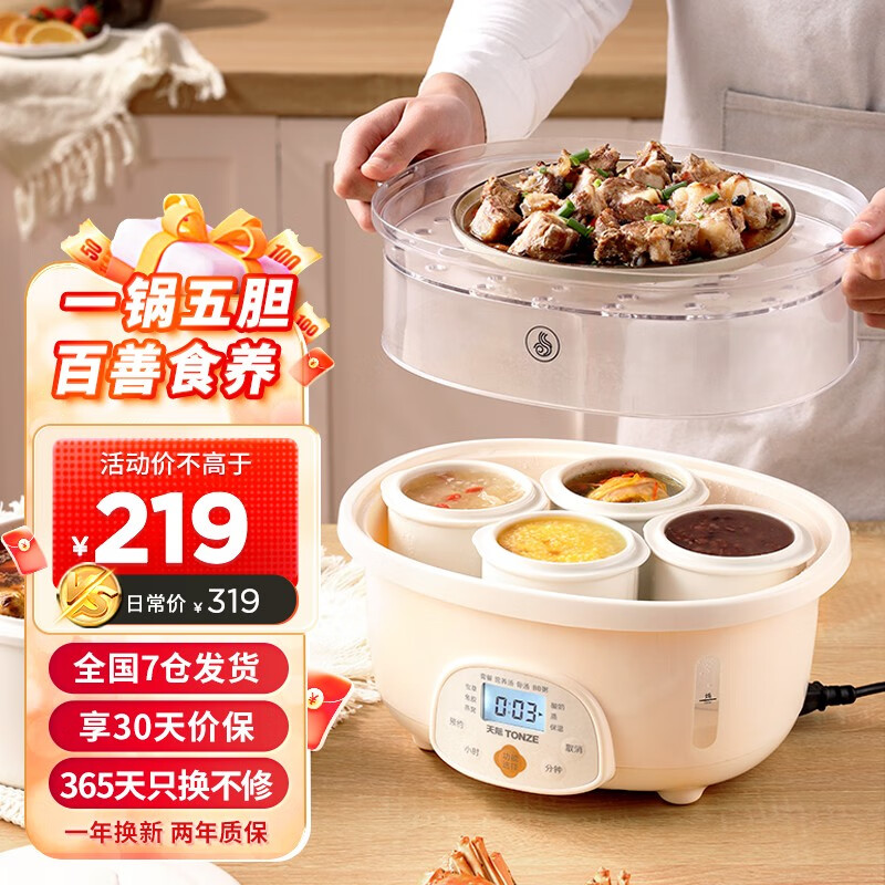 天际(TONZE)电炖锅 煲汤养生燕窝盅 煲粥蒸炖可预约定时隔水炖 奶油白 2.5升 一锅五胆(隔水炖+蒸笼)