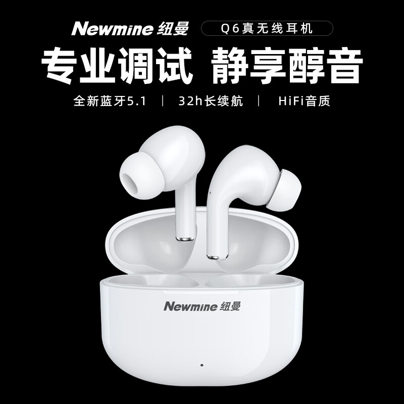 纽曼Newmine Q6 蓝牙耳机 真无线入耳式降噪音乐耳机 适用苹果安卓小米手机 运动跑步长续航 蓝牙5.1 白色