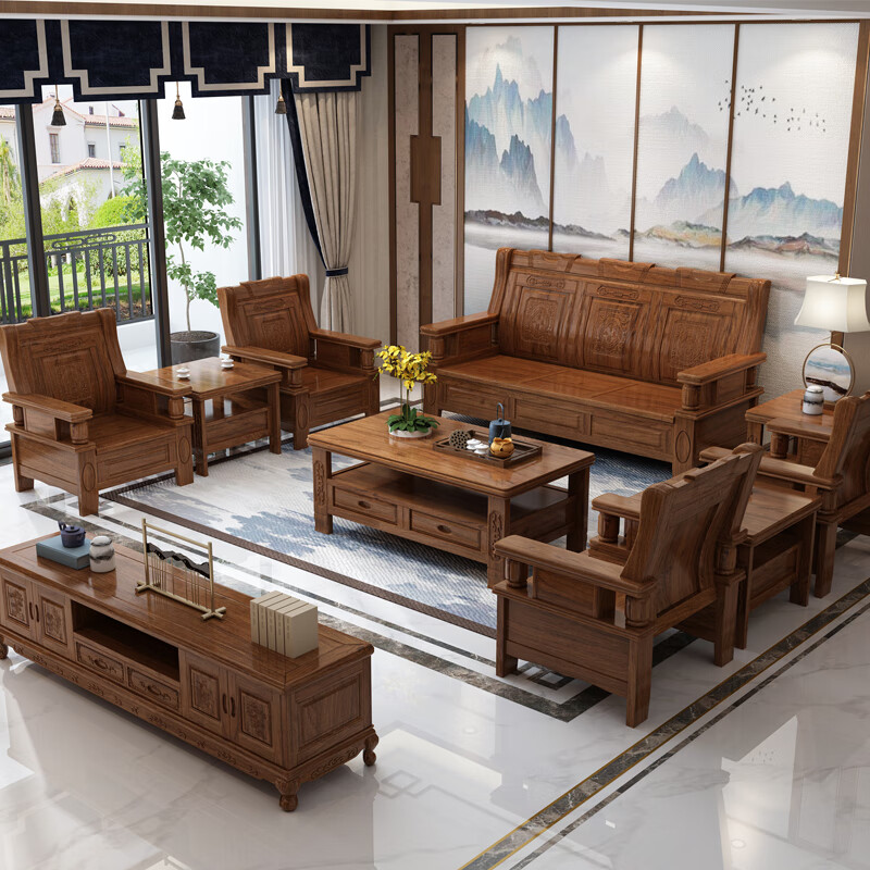 盎梓木头沙发客厅木制沙发组合 沙发组合中式客厅三人位座椅农村木头 
