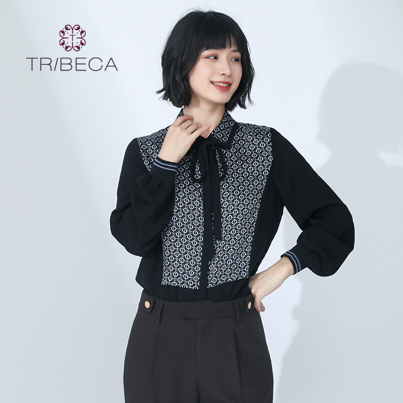 tribeca翠贝卡秋季新款女长袖百搭领印花衬衫 黑色 m