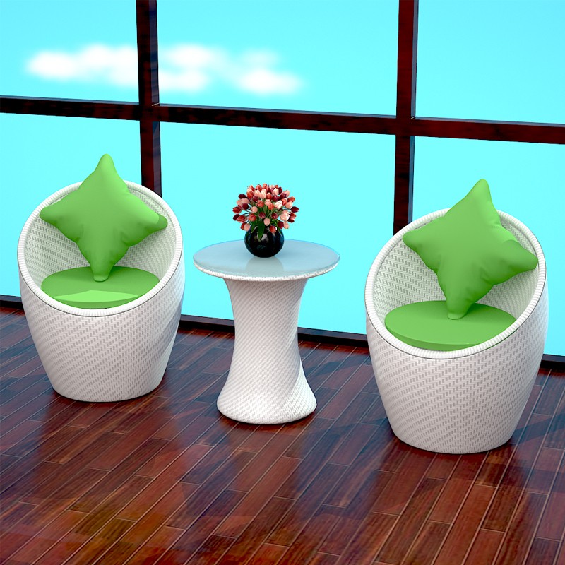明强简约现代休闲椅子泰式椅塑料藤编桌椅网红家用阳台三件套茶几组合 白色满编2椅+60圆桌