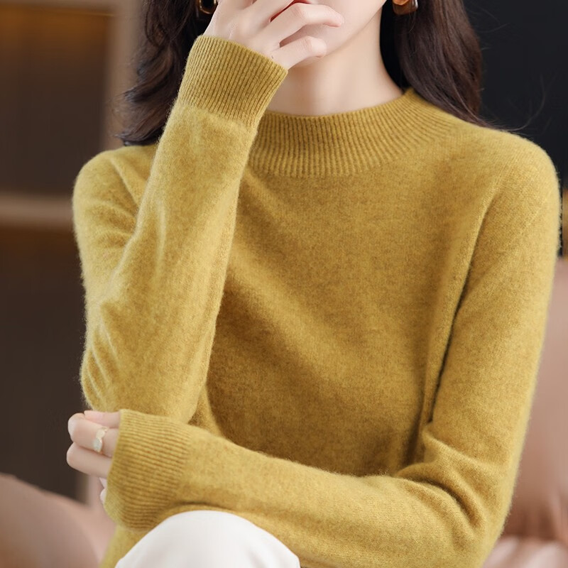 怡曼芙针织衫女秋冬新款修身显瘦打底衫内搭毛衣女百搭洋气可外穿上衣女 原绒米 均码 -建议90-140斤