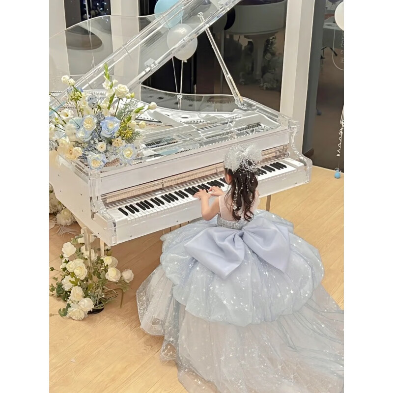 布恋猫钢琴演出服女童高端气质儿童礼服3-12岁小女孩模特走秀拖尾公主裙 蓝色 120cm