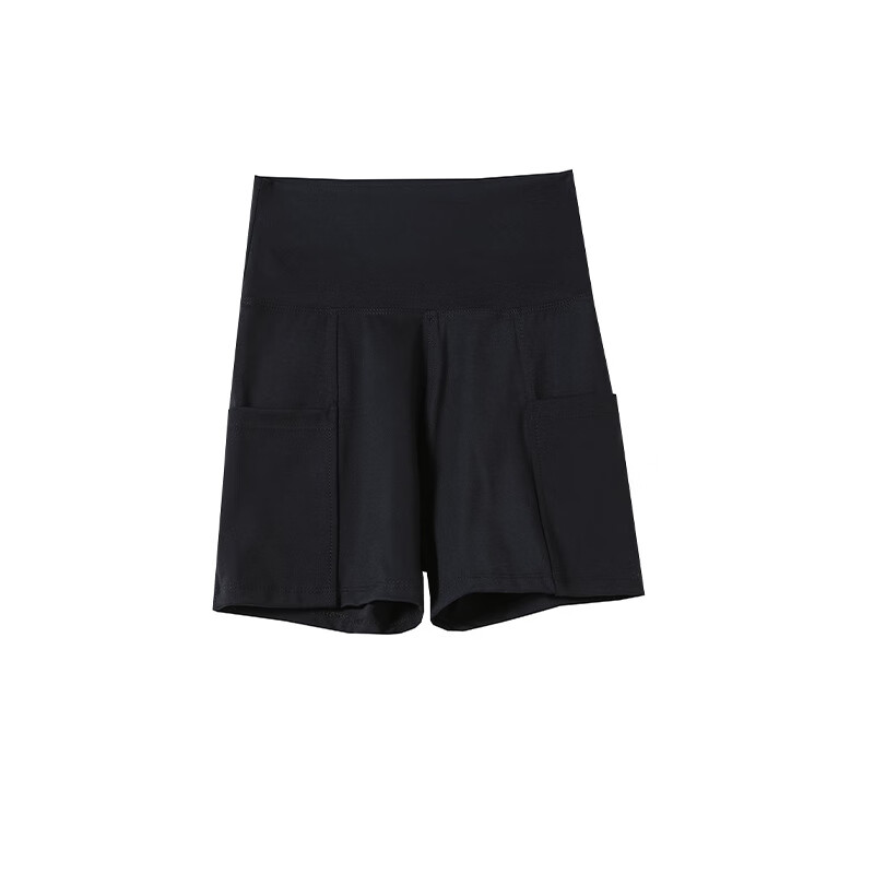 口袋三分鲨鱼裤女夏季外穿薄款瑜伽短裤打底裤高腰收腹安全裤 高级黑 M（80-105斤