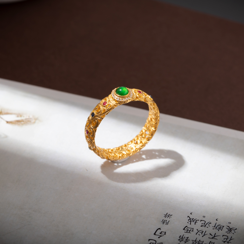 沃韵 翡翠蛋面戒指 18k金镶嵌古法金 镂空掐丝工艺复古风鉴定证书女款