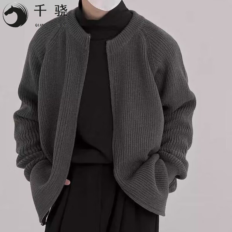 千骁日系小众色拉链开衫毛衣男春秋内搭休闲宽松百搭针织衫 灰色xn684