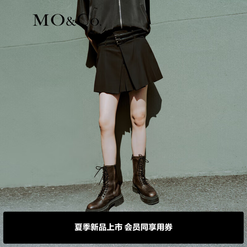 MO&Co.2024夏新品不规则压褶A字短裤裙裤附腰带MBD2SOTT04 黑色 S/160