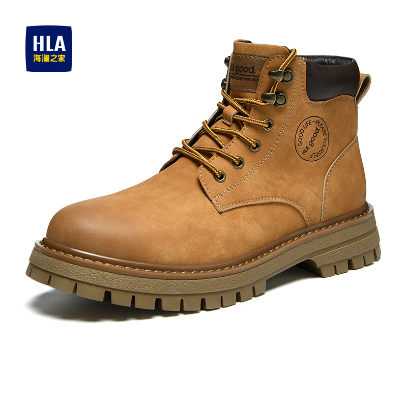海澜之家马丁靴男潮流男鞋户外情侣款百搭防寒登山高帮工装大黄靴子男T121 土黄色-男款 39