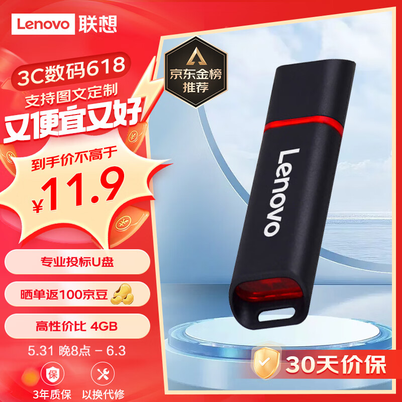 联想（Lenovo）4GB USB2.0 投标u盘SS160 公司企业竞标专业招标优盘 黑色