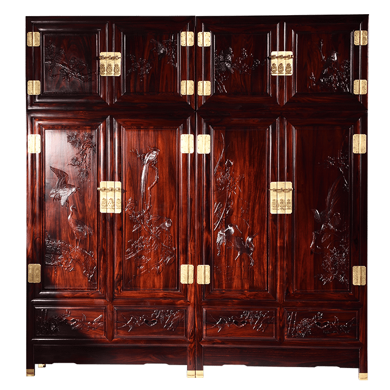 木中央 紅木家具 印尼黑酸枝(學(xué)名:闊葉黃檀)中式大衣柜對(duì)開(kāi)門(mén)頂箱柜古典實(shí)木花鳥(niǎo)四門(mén)衣櫥2.2米 頂箱柜