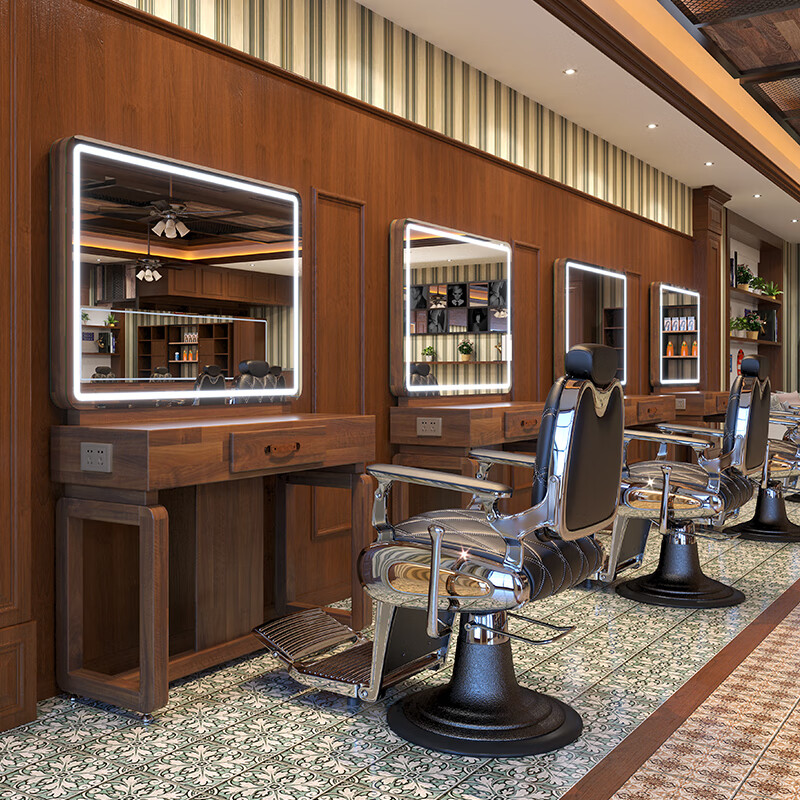 潇赫理发景楼镜台复古美发店镜台发廊专用剪发镜子实木男士油头馆barb