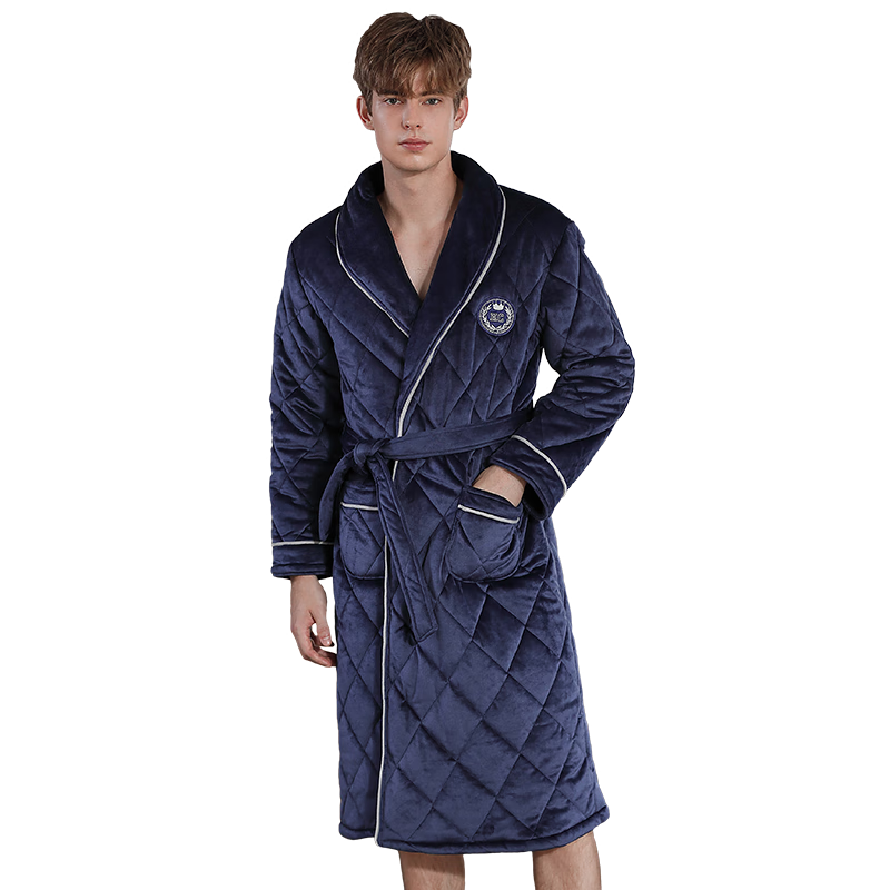 韓彩睡衣男加厚三層夾棉睡袍男士家居服省服保暖睡袍 深寶蘭 XXL
