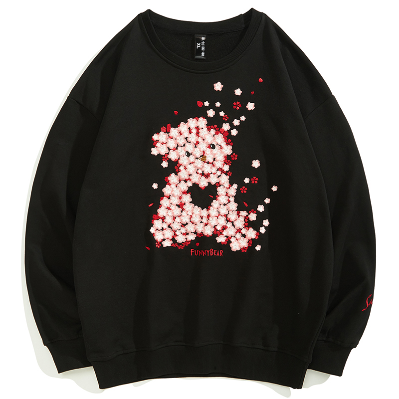 天龙致尊denon supreme卫衣男女潮牌中国风樱花小熊刺绣oversize宽松