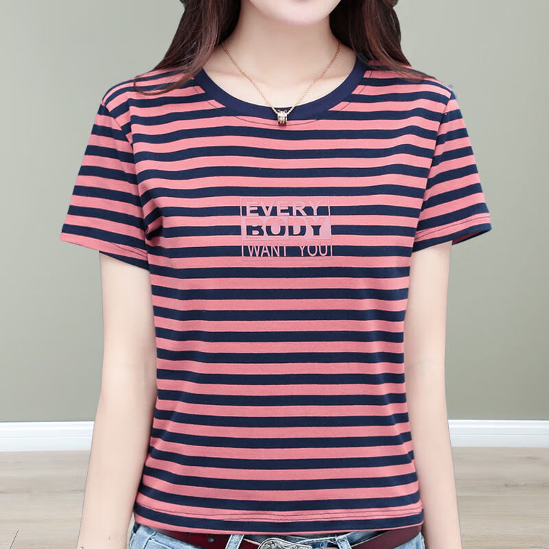星垂晓雾衣服女装夏天正肩t恤女显瘦短袖条纹女2023年夏季新款宽松