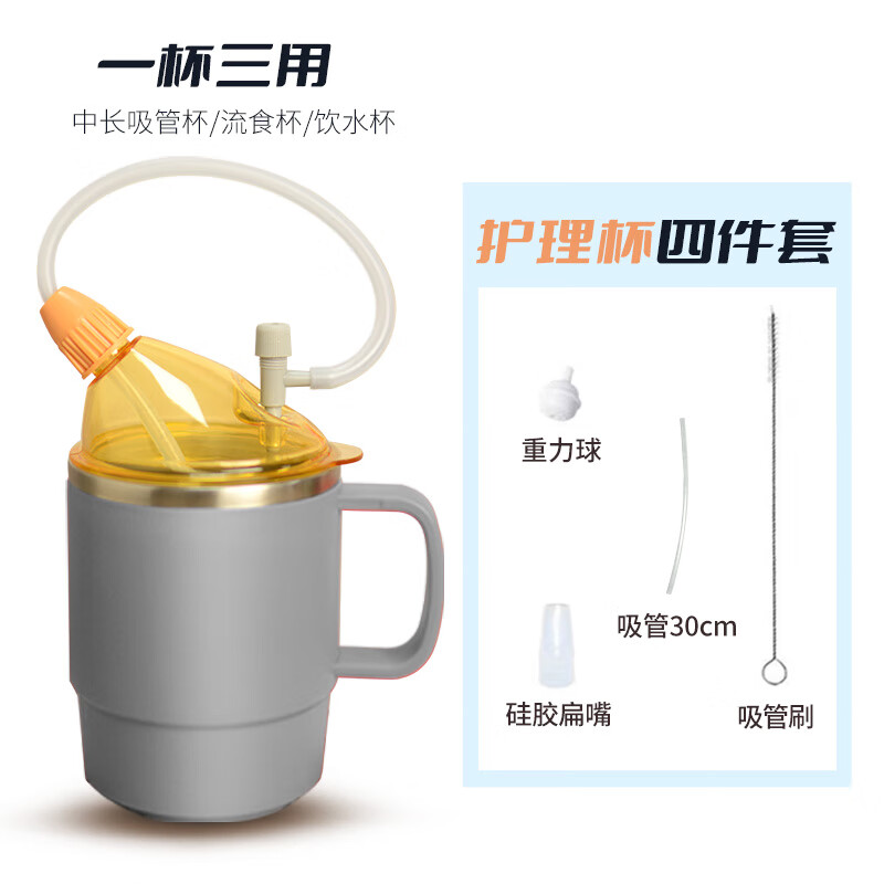 美物德品老人防呛护理杯瘫痪卧床病人喝水杯吸管喝流食杯硅胶喂食器专用杯 护理杯四件套灰色500ml 京东折扣/优惠券