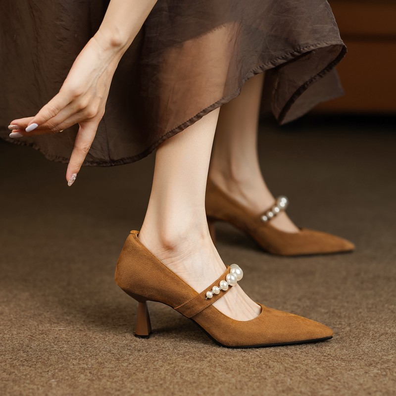 跟尖头单鞋女新款鞋女时尚气质优雅串珠时装鞋女简约舒适百搭职业工作