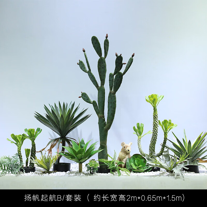 谷灵易生仿真绿植仙人掌直播间装饰摆件仿生仙人柱植物小盆栽室内景观造景 扬帆起航B 套装