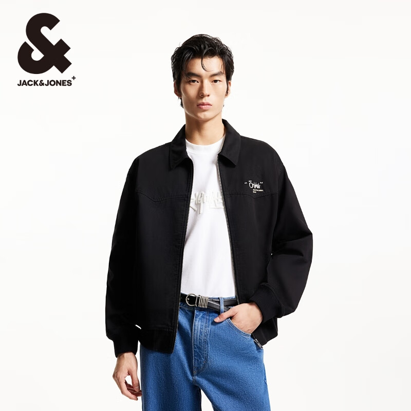 杰克·琼斯（JACK&amp;JONES）25年男装纯棉短款外套男秋季款宽松纯色翻领拉链休闲行政夹克男士 黑色E40 常规 黑色E40 M