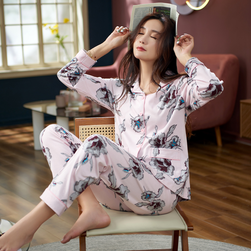 睡衣女士春秋款纯棉长袖居家服碎花开衫翻领家居服套装 g8254#粉色 m