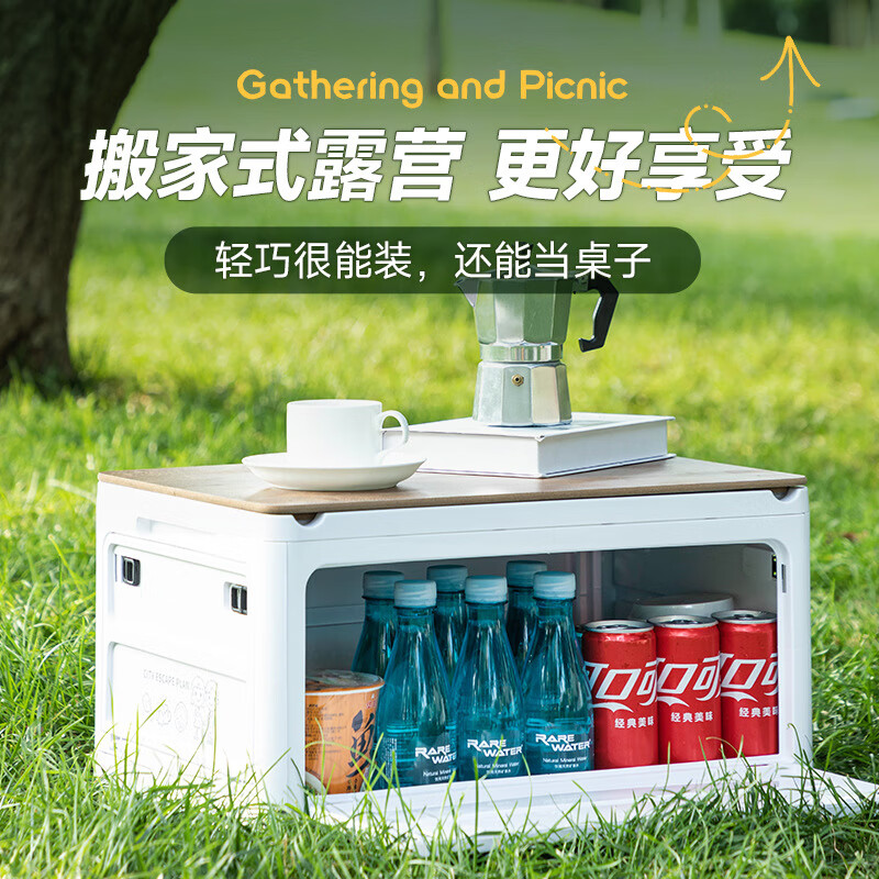 铂呐苓收纳箱露营后备箱储物箱户外折叠汽车载野餐整理床底木盖杂物箱 65L加厚大号 56*30*39cm 折叠带木板 户外折叠箱【大号-白色】 1个