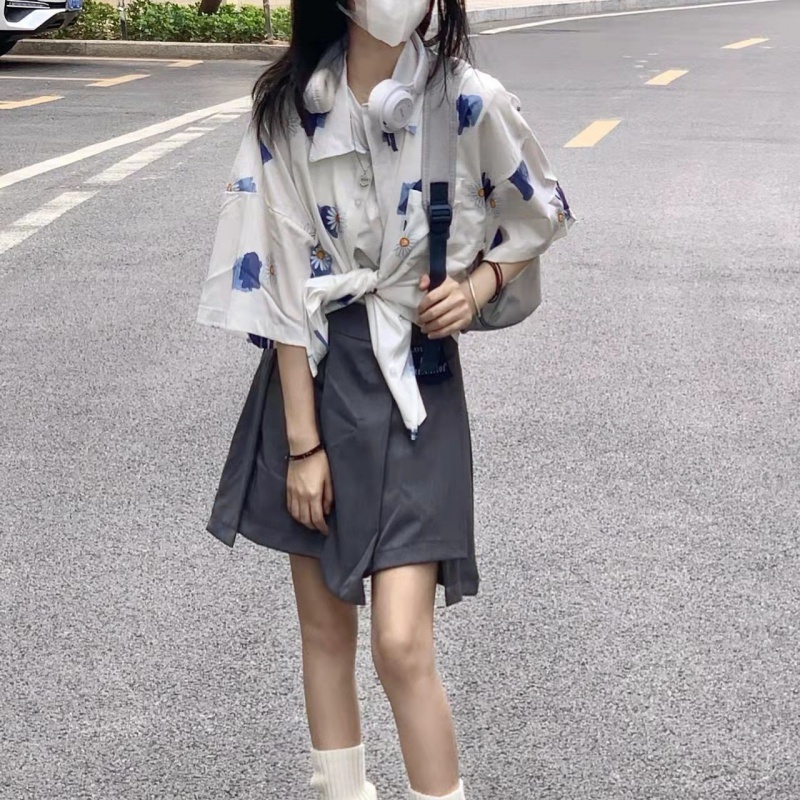 矮个子微胖女生穿搭夏显瘦遮肚子套装日系宽松韩版叠穿短袖花衬衫 不