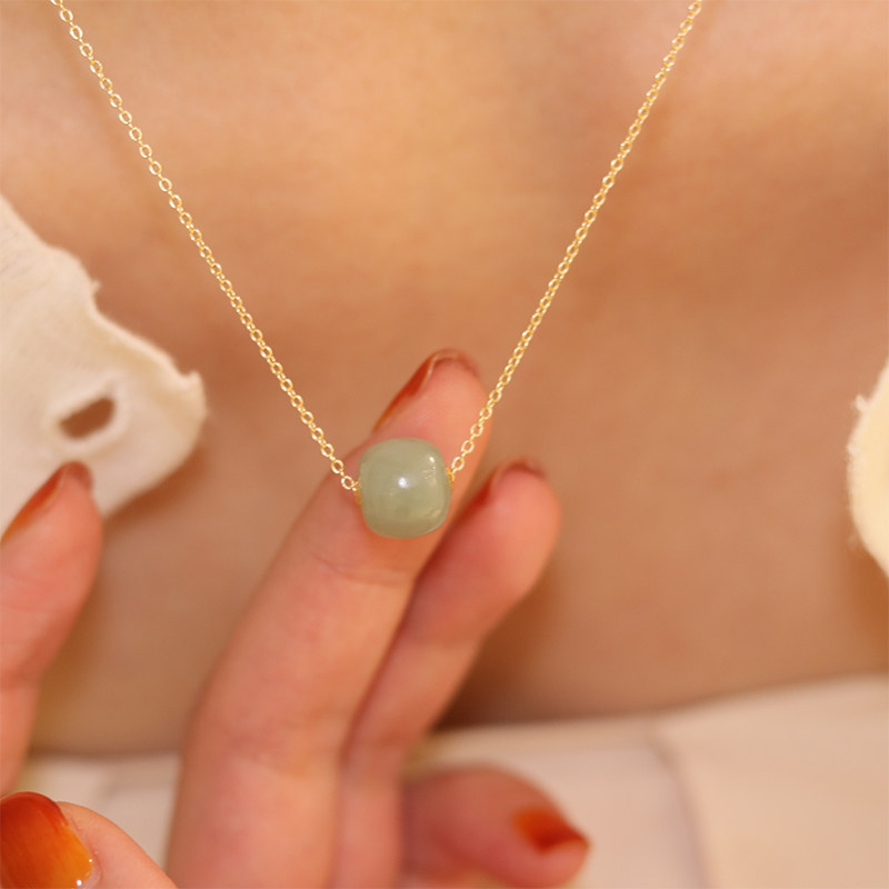 snqp珠落玉盘18金和田玉吊坠项链好运连连简约女锁骨链国风设计 且末