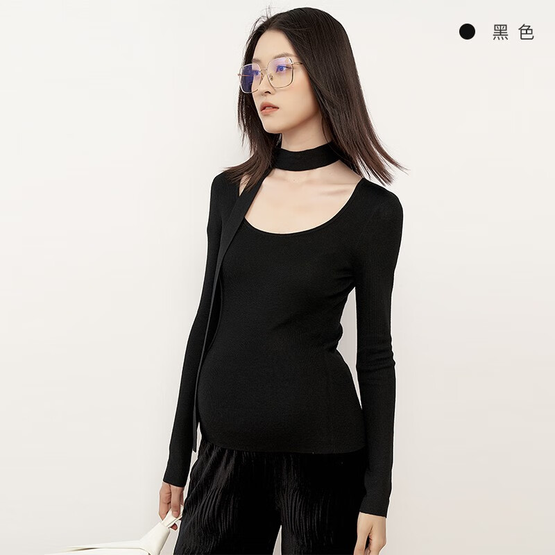 Sellynear孕妇装秋冬新款毛衣修身弹力针织衫显瘦打底衫亲肤孕妈装上衣 黑色 S