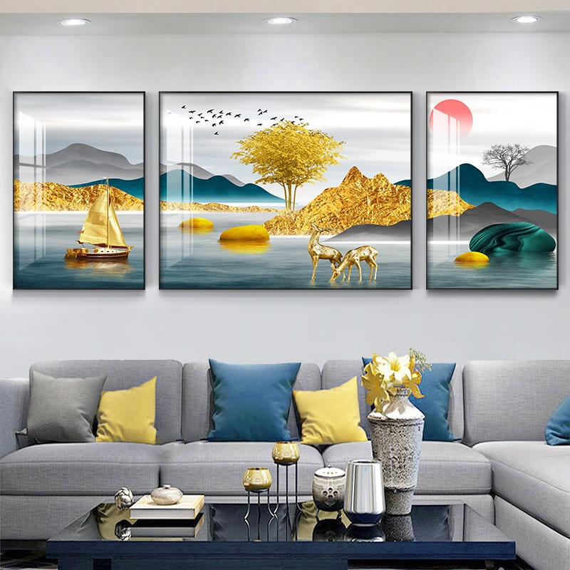 唯潮 客厅画沙发背景墙面装饰画三联现代简约手工镶钻晶瓷画轻奢挂画