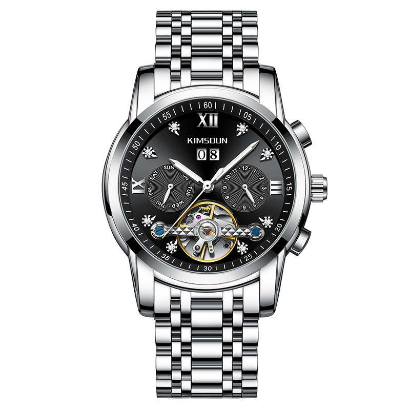 金诗顿镶钻陀飞轮镂空自动机械表男士腕表 银壳蓝面