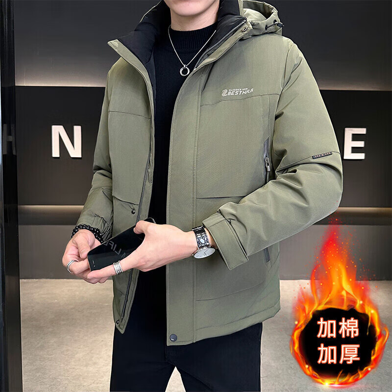 卡柏奇中长款加厚棉服秋季新款男士中青年休闲外套宽松休闲 卡其 L