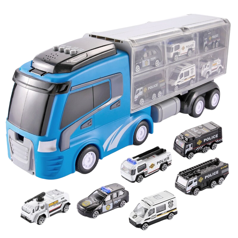 親子部落（QINZIBULUO）兒童工程車消防玩具車仿真合金汽車模型收納貨柜貨車套裝3男孩6歲 警察款【配6合金車】