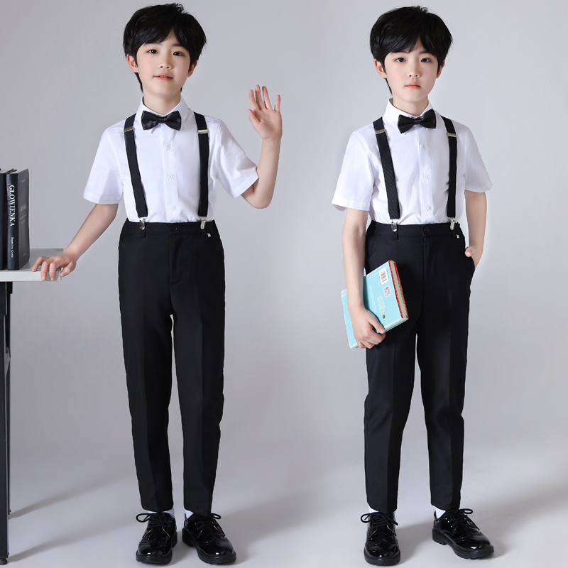 儿童礼服套装小男孩主持人花童背带裤男童表演钢琴大合唱六一演出服装中大童礼服 白光板短袖衬衫+黑色长裤+背带+黑领结 150怎么样,好用不?