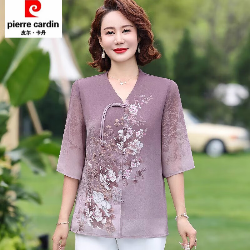 皮尔卡丹妈妈夏装中国风雪纺套装50岁60休闲时尚中老年女士短袖上衣两