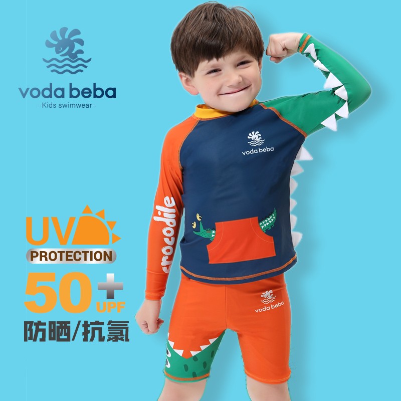Voda Beba儿童泳衣小童中大童鳄鱼长袖防晒速干度假分体男童泳衣 105-120cm 33-42斤 (5-6岁)
