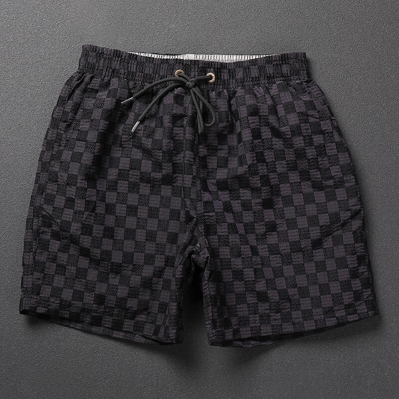 棋盘格短裤男时尚潮流潮牌海边沙滩裤质感宽松夏季休闲五分裤 黑色 m