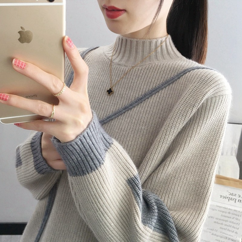 梵阕针织衫女加厚时尚毛衣女秋冬外穿百搭时尚显瘦套头保暖女士上衣女 花卡色 均码