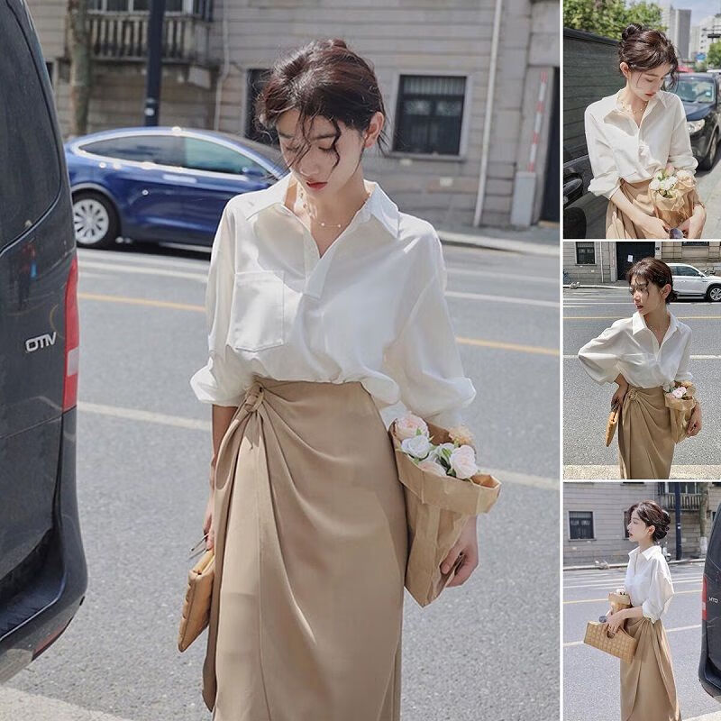 锦竞女衬衣高级质感2023新款春秋御姐穿搭高冷职业感港风衬衫半身裙子
